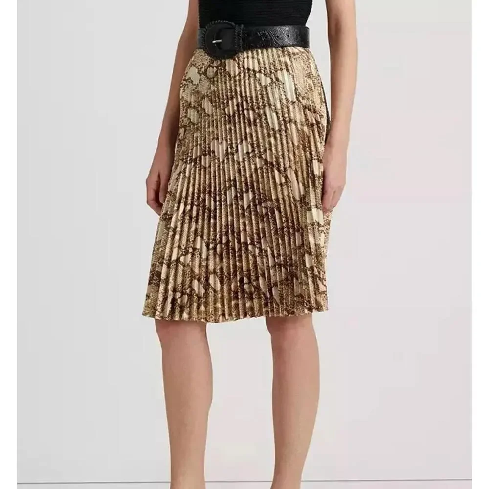 NEW Ralph Lauren Plisse Skirt: Brown/Cream Snake Print Zip Closure Knee-Length 8 - Picture 1 of 2